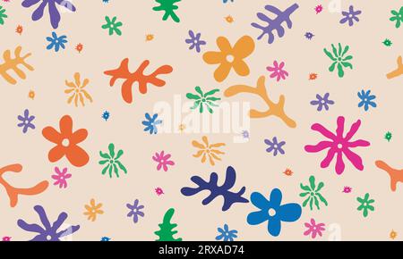 Fiori tropicali senza cuciture forme organiche colorate con motivo doodle. Forme botaniche carine, ritagli casuali di foglie e fiori tropicali Illustrazione Vettoriale