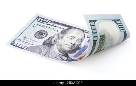 Una banconota da cento dollari isolata su bianco con un percorso di ritaglio Foto Stock