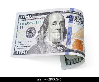 Una banconota da cento dollari isolata su bianco con un percorso di ritaglio Foto Stock