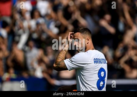 Empoli, Italia. 24 settembre 2023. Marko Arnautovic del FC Internazionale reagisce durante la partita di serie A tra Empoli FC e FC Internazionale allo stadio Carlo Castellani di Empoli (Italia), il 24 settembre 2023. Crediti: Insidefoto di andrea staccioli/Alamy Live News Foto Stock