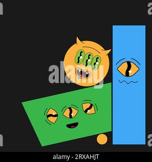 Forme psichedeliche geometriche groovy, elementi vivi astratti. Illustrazione vettoriale, quadrato, cerchio, triangolo, rettangolo Illustrazione Vettoriale