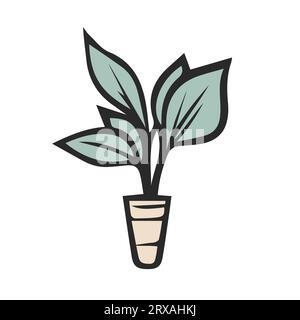 Pianta della casa in pentola. Icona del doodle di un cartone animato vettoriale disegnata a mano su sfondo bianco Illustrazione Vettoriale