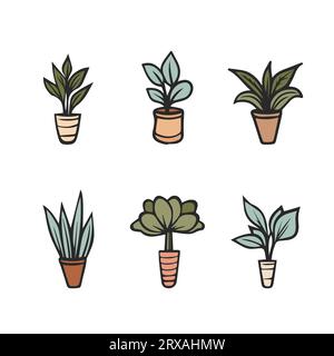 Raccolta di piante in vaso. Piante domestiche. Arte vettoriale disegnata a mano. Set di doodle da cartone animato vettoriale per piante da interni. Illustrazione Vettoriale
