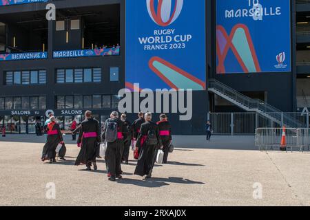 Marsiglia, Francia. 23 settembre 2023. Messa di Papa Francesco al Velodrome Stadium durante la sua visita a Marsiglia, in Francia, il 23 settembre 2023. Foto di Laurent coust/ABACAPRESS.COM Credit: Abaca Press/Alamy Live News Foto Stock