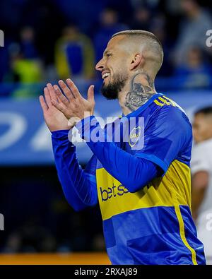 Buenos Aires, Argentina. 23 settembre 2023. Dario Benedetto del Boca Juniors reagisce durante la partita di Liga Argentina tra Boca Juniors e CA Lanus giocata al la Bombonera Stadium il 23 settembre 2023 a Buenos Aires, in Spagna. (Foto di Santiago Joel Abdala/PRESSINPHOTO) crediti: PRESSINPHOTO SPORTS AGENCY/Alamy Live News Foto Stock