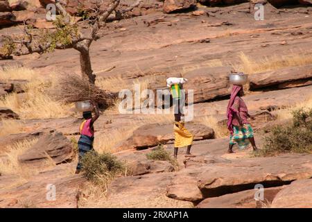 Tre contadine sulla via del ritorno al villaggio, Dogonland, Mali Foto Stock