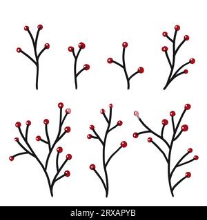 Clip art invernale per rametti di bacche rosse per biglietti o inviti, album di ritagli in delicato colore pastello. Illustrazioni vettoriali, doodle disegnato a mano isolato. Illustrazione Vettoriale