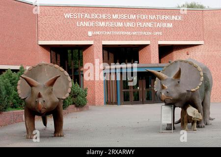 Sculture di Triceratops di fronte al Museo di storia naturale, Munster, Renania settentrionale-Vestfalia, Germania, dinosauri Foto Stock