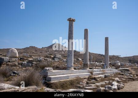 Delos è un'isola greca e sito archeologico nell'arcipelago delle Cicladi del Mar Egeo, vicino a Mykonos. Foto Stock