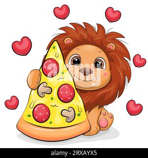 Carino leone cartoni animati con un grosso pezzo di pizza. Illustrazione vettoriale di un animale su sfondo bianco con cuori rossi. Illustrazione Vettoriale