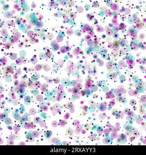 Cerchi casuali pallidi multicolori con dimensioni diverse. Colori rosa, blu, verde e magenta su sfondo bianco. Ripetizione senza cuciture Foto Stock