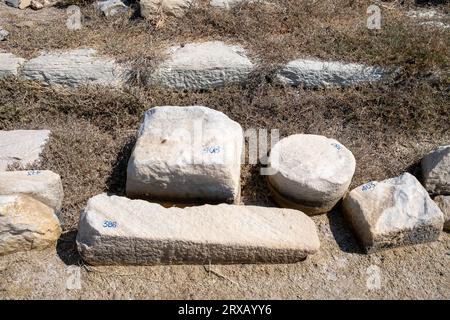 Delos è un'isola greca e sito archeologico nell'arcipelago delle Cicladi del Mar Egeo, vicino a Mykonos. Foto Stock