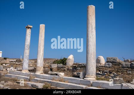 Delos è un'isola greca e sito archeologico nell'arcipelago delle Cicladi del Mar Egeo, vicino a Mykonos. Foto Stock