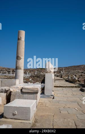 Delos è un'isola greca e sito archeologico nell'arcipelago delle Cicladi del Mar Egeo, vicino a Mykonos. Foto Stock