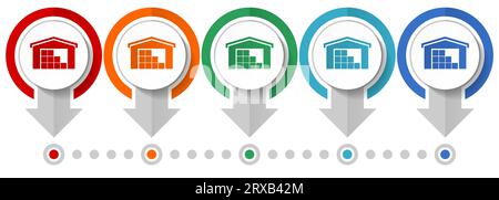 Warehouse, set di icone vettoriali di storage, modello infografico di design piatto, impostare icone di concetto puntatore in 5 colori per webdesign e applicazioni mobili Illustrazione Vettoriale