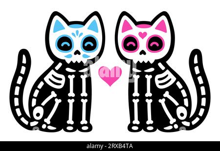 Due simpatici gatti scheletri da cartoni animati con teschi dipinti messicani. Coppia di gatti neri maschio e femmina. Dia de los Muertos (il giorno dei morti) disegno, malattia vettoriale Illustrazione Vettoriale