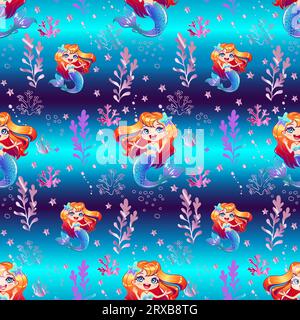 Motivo senza cuciture con una graziosa sirena con capelli arancioni e alghe dorate nell'oceano. Graziosa sirena per un design su dorso orizzontale blu Illustrazione Vettoriale