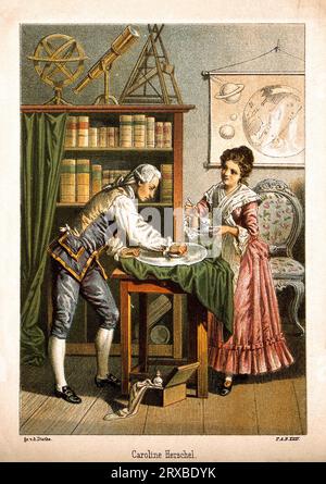 William Herschel, 1738 – 1822, e sua sorella Caroline Herschel, 1750 – 1848, litografia a colori di Alfred Richard Diethe, 1896 Foto Stock