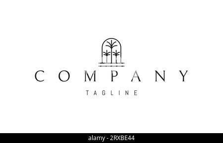 Un logo vettoriale con un'immagine astratta di una porta ad arco con tre palme. Illustrazione Vettoriale