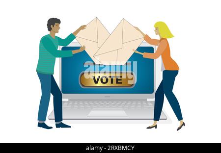 Uomo e donna che danno il loro voto in buste su un portatile. Isolato. Illustrazione vettoriale. Illustrazione Vettoriale