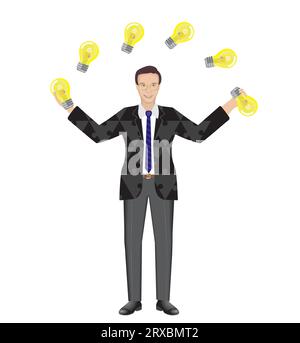 Uomo d'affari che si destreggia con idee, lampadine. Vestito con motivo a pezzi seghetto alternativo. Isolato. Illustrazione vettoriale. Illustrazione Vettoriale