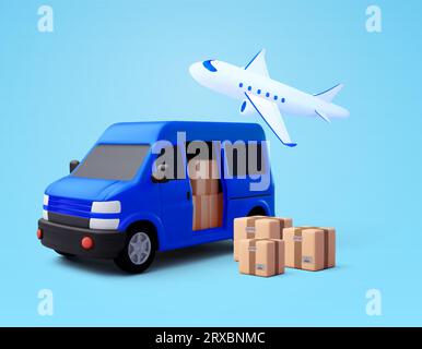 Modello di banner per la consegna e lo shopping. icona di un mini van con rendering 3d con scatole di carico, pacchi di spedizione e un aereo che vi sorvola, isolato sullo sfondo. Concetto di logistica. illustrazione vettoriale 3d. Illustrazione vettoriale Illustrazione Vettoriale