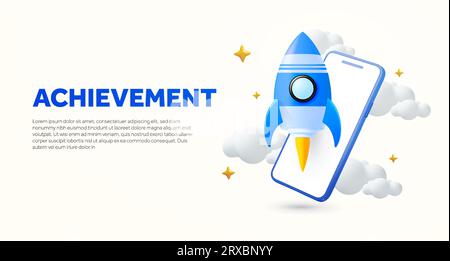Modello di banner di avvio tecnologico con telefono cellulare e razzo. Concetto di landing page per lo sviluppo di app mobili, azioni o crittografie. icona di avvio con rendering 3d o di investimento nell'app mobile. vettore 3d. Illustrazione vettoriale Illustrazione Vettoriale