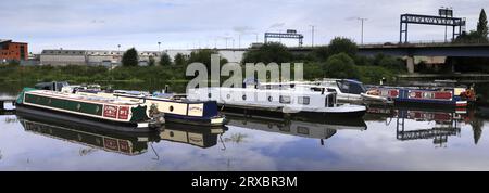 Barche a narrowboat a Doncaster Wharf, fiume Don, South Yorkshire, Inghilterra, Regno Unito Foto Stock