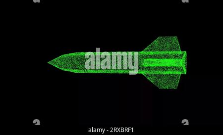 Razzo 3D su sfondo nero. Armi e concetto di guerra. Missile balistico. Sfondo pubblicitario aziendale. Per titolo, testo, presentazione. animazione 3d. Foto Stock