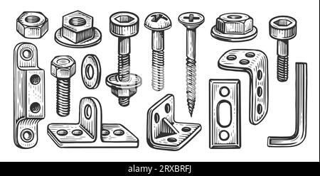 Set di bulloni e dadi in acciaio, vite, tassello, bullone di ancoraggio in metallo, rondella di sicurezza per edilizia. Raccolta hardware Foto Stock