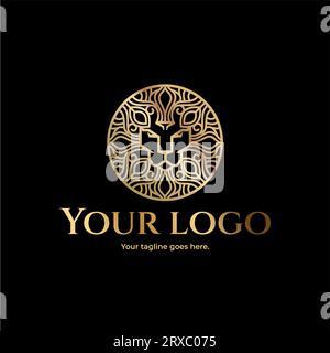 Illustrazione della testa di leone dorato. Design con logo Lion Luxury Illustrazione Vettoriale