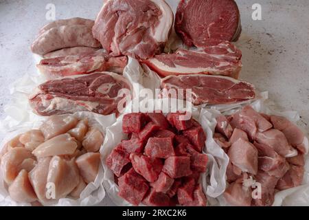 Selezione di carne cruda di maiale, manzo, pollo, agnello. Presentato su un blocco di marmo. Foto Stock