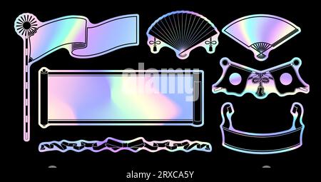 Set di etichette con motivo giapponese con adesivo ologramma. Si tratta di dati vettoriali facili da modificare. Illustrazione Vettoriale