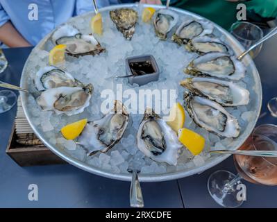 Piatto di ostriche con molti tipi diversi di ostriche con limone, ghiaccio e salsa serviti su un tavolo del ristorante per i clienti Foto Stock
