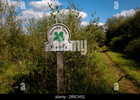 Sentiero che conduce attraverso l'area del Foxbury National Trust nel New Forest Hampshire con un cartello con il logo del National Trust. Foto Stock