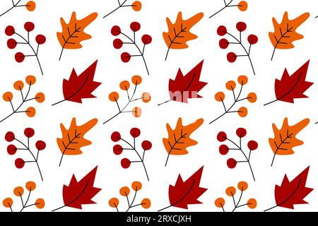 Motivo astratto vettoriale senza cuciture con foglie e ramoscelli in tonalità autunnali alla moda. Buon Ringraziamento. Ciao autunno. Design per l'imballaggio, la carta da parati, il poster, lo striscione, i messaggi di auguri o i biglietti di invito, l'etichetta Illustrazione Vettoriale
