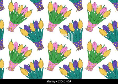 Motivo senza cuciture di colorati mazzi di tulipani primaverili in carta da imballaggio multicolore. Ciao, primavera. Isolare. EPS. Vettore per carta da parati, involucro, poster, striscioni, saluti o inviti, etichetta o web Illustrazione Vettoriale