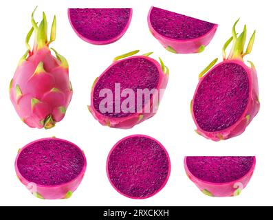 Raccolta di frutti di drago tagliati a polpa viola isolati su sfondo bianco Foto Stock