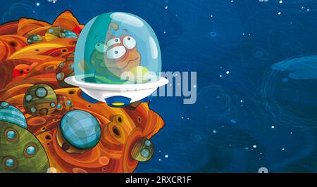Cartoni animati divertente e colorata scena di un alieno cosmo galattico ufo, illustrazione isolata per bambini Foto Stock