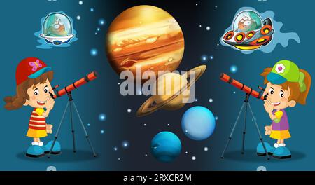 Cartoni animati divertente e colorata scena di un alieno cosmopolita ufo girl che impara a disegnare isolatamente per bambini Foto Stock