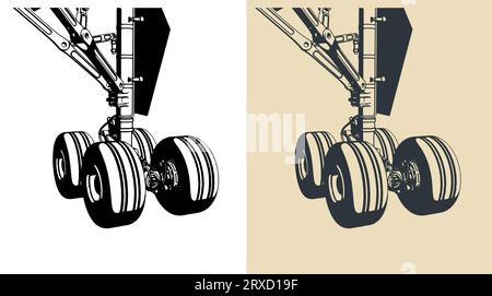 Illustrazioni vettoriali stilizzate del carrello di atterraggio principale dell'aeromobile in primo piano Illustrazione Vettoriale