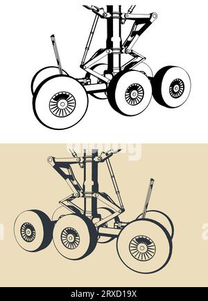 Illustrazioni vettoriali stilizzate del carrello di atterraggio principale dell'aeromobile in primo piano Illustrazione Vettoriale