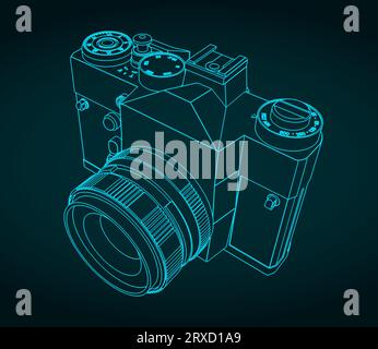 Illustrazione vettoriale stilizzata del progetto di una fotocamera reflex retro Illustrazione Vettoriale
