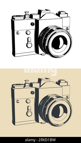Illustrazioni vettoriali stilizzate della fotocamera reflex a film retro Illustrazione Vettoriale