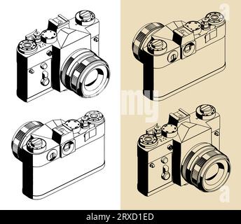 Illustrazioni isometriche vettoriali stilizzate della fotocamera a film reflex retro Illustrazione Vettoriale