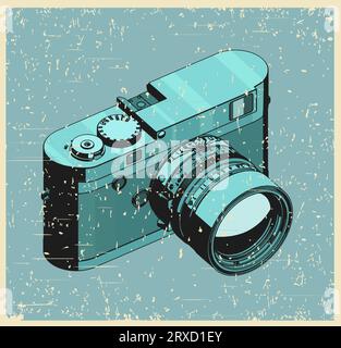 Illustrazione isometrica vettoriale stilizzata della fotocamera mirrorless con telemetro in stile retro poster Illustrazione Vettoriale