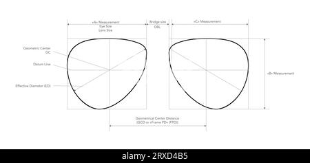 Box System of Measurement of Lens Glasses illustrazione tecnica accessorio oculare. Occhiali da vista piatti, modello con occhiali da vista, profilo a schizzo isolato su sfondo bianco Illustrazione Vettoriale