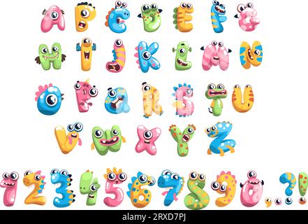 L'alfabeto dei mostri. Tipo di carattere mostro creature fantastiche pazzesche lettere allegre con occhi urlanti bambini divertenti che scrivono lettere inglesi illustrazione vettoriale di alieni tipografici divertenti Illustrazione Vettoriale