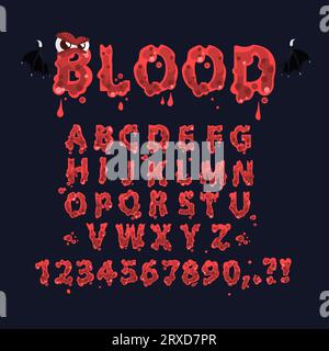 Alfabeto del sangue. Carattere tipografico sanguinoso per halloween party o film horror spaventoso, lettera liquida rossa terrore vampiro testo stregato, illustrazione vettoriale di classe di tipografia a goccia liquida Illustrazione Vettoriale