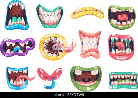 Labbra mostruose. Mostri bocca denti zanne e lingua saliva, creature che ridono divertente espressione del volto o ruggente cocco terribile bocca, cartone animato emozione horror illustrazione vettoriale di classe di denti e lingua Illustrazione Vettoriale